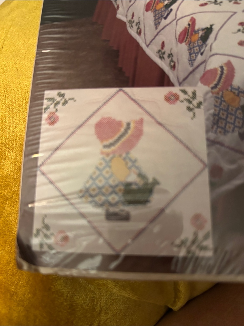 Stamped Cross Stitch Quilt Blocks - White with Multicolor Sunbonnet Sue Motifs - Picture 2 of 9